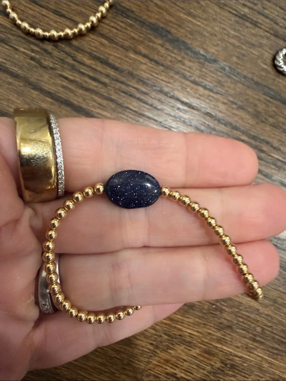 Trendy boutique Gold Beaded Stretch Bracelet Duo with Navy Accent